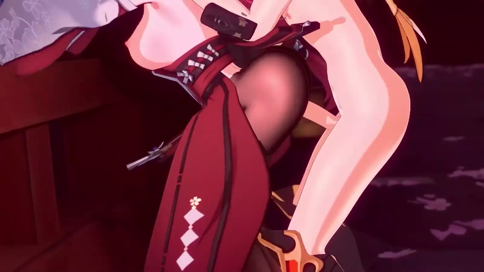 Seductive demon girl with a long step long hairlike projection looking all deeply into the camera